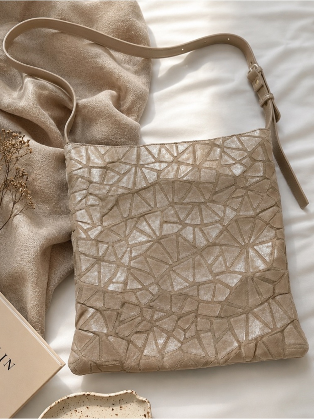 OY Susan Beige Mosaic-Texture Crossbody Tote Vegan Leather Minimalist Artisan